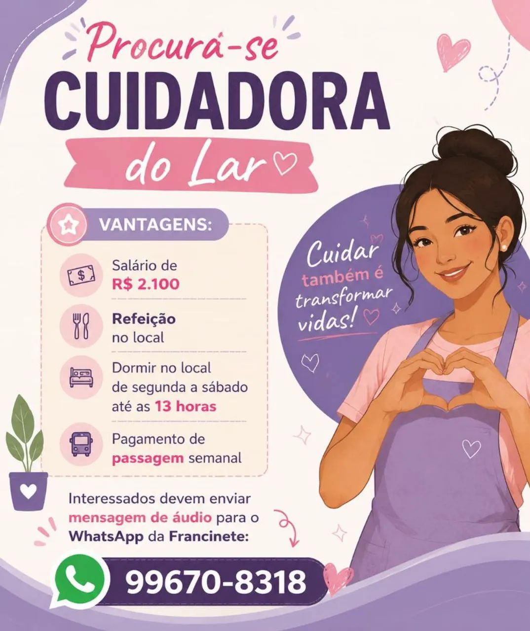 Vaga de cuidadora para dormir no local