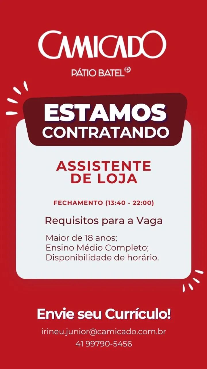 Assistente de Loja - Camicado Pátio Batel