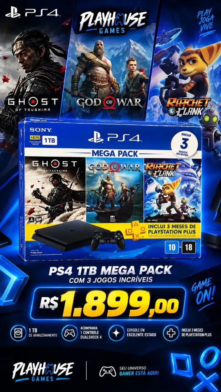 PlayStation 4 mega pack 1 TB na caixa 