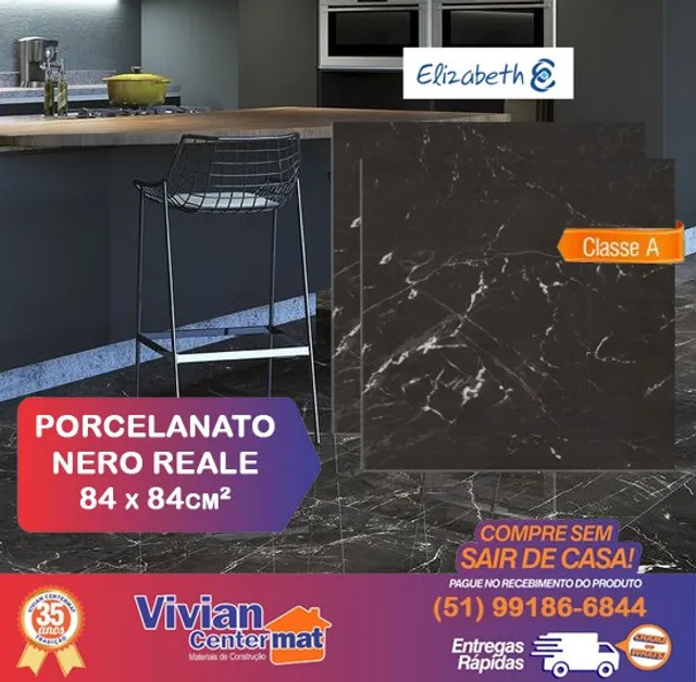 Porcelanato Polido Nero Reale 84 x 84cm Classe A Elizabeth