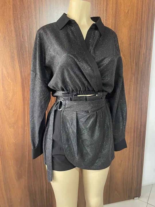 Conjunto John John cropped e shorts saia all black  - Foto 4