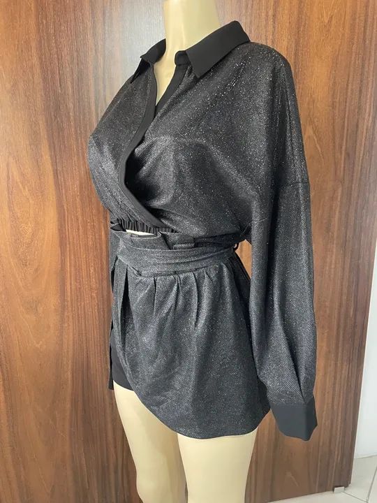 Conjunto John John cropped e shorts saia all black  - Foto 3