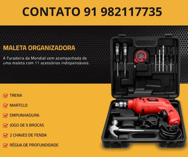 Furadeira de Impacto Mondial 650W 2 Velocidades - 3/8? com Maleta 11 Peças NFFI-07M