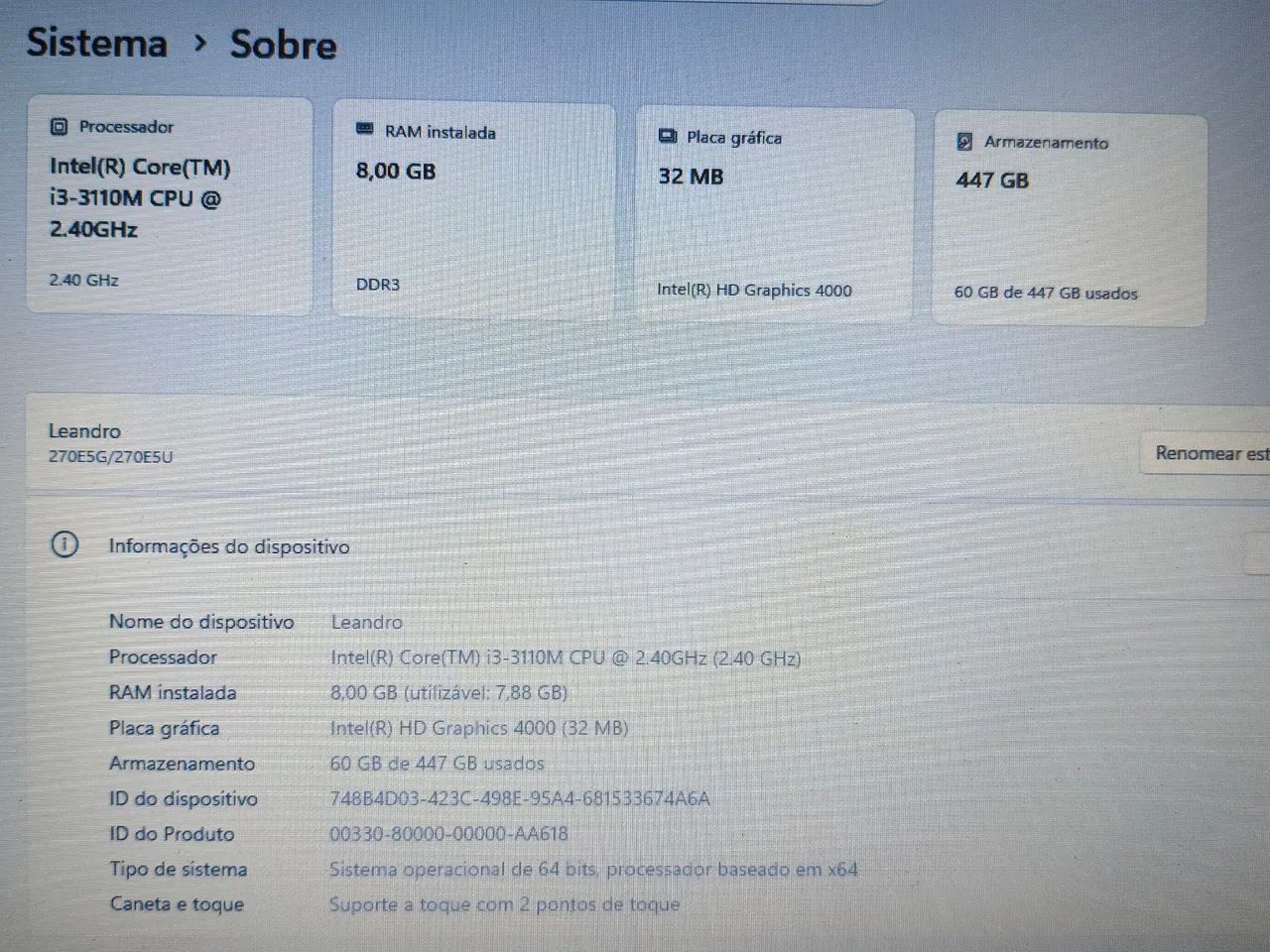 Notebook Samsung core i3-3110M