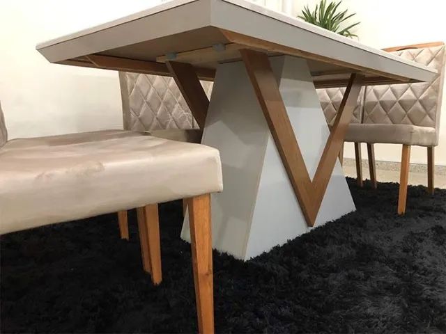Mesa de Jantar 8 Cadeiras no Bege com Tampo de Vidro - Foto 2