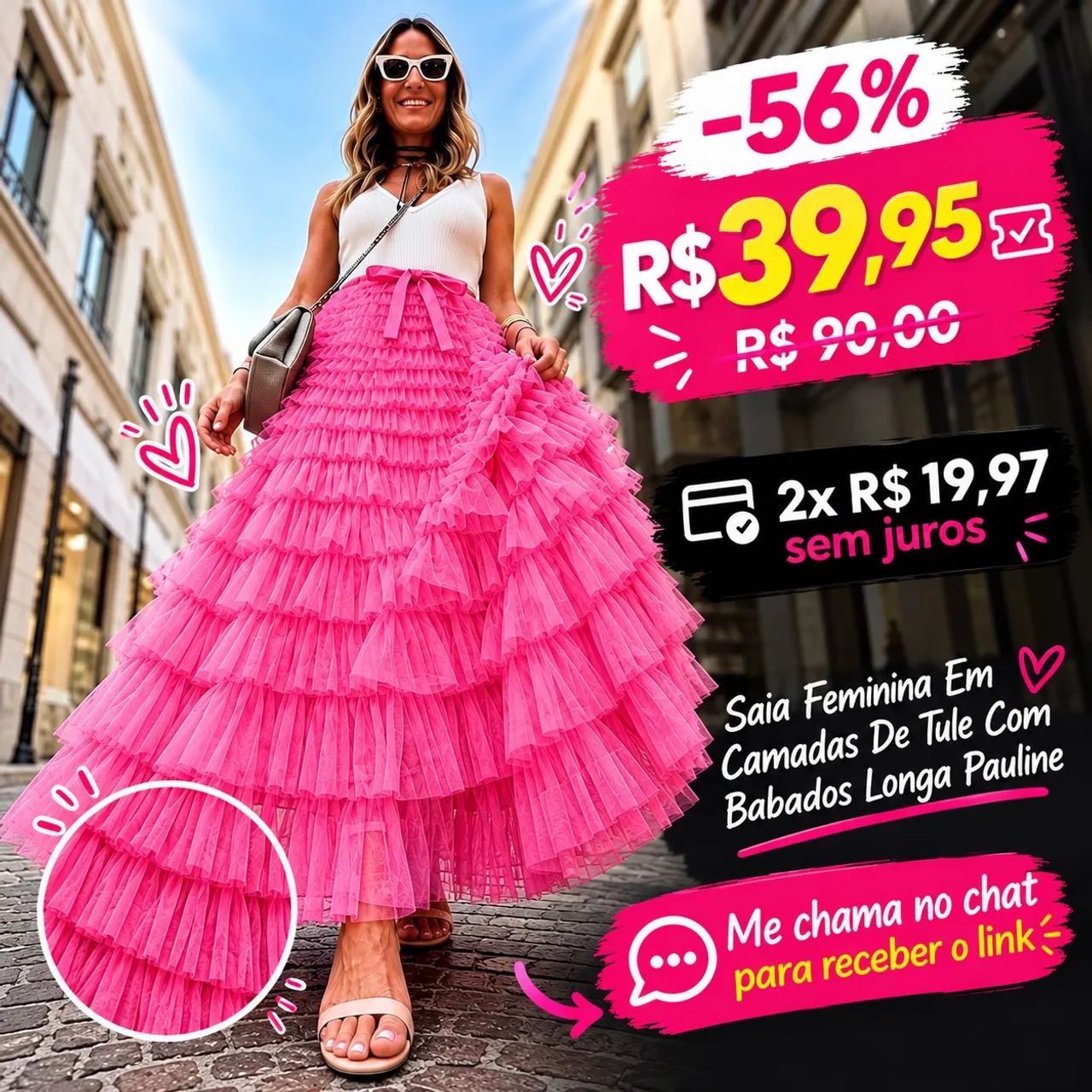 Saia midi tule camadas promoção 