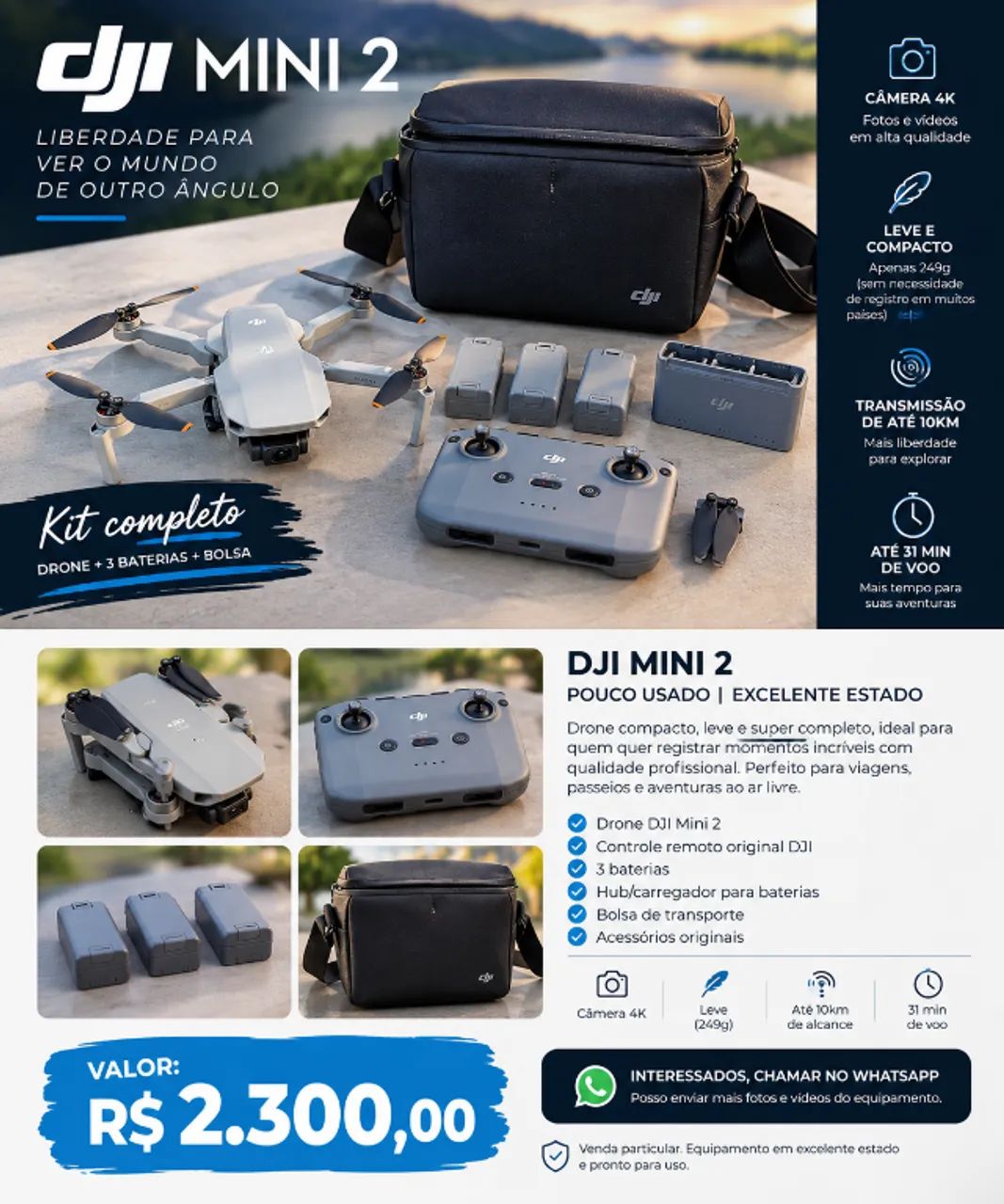 Drone DJI Mini 2 Fly More Combo - Pouco Usado