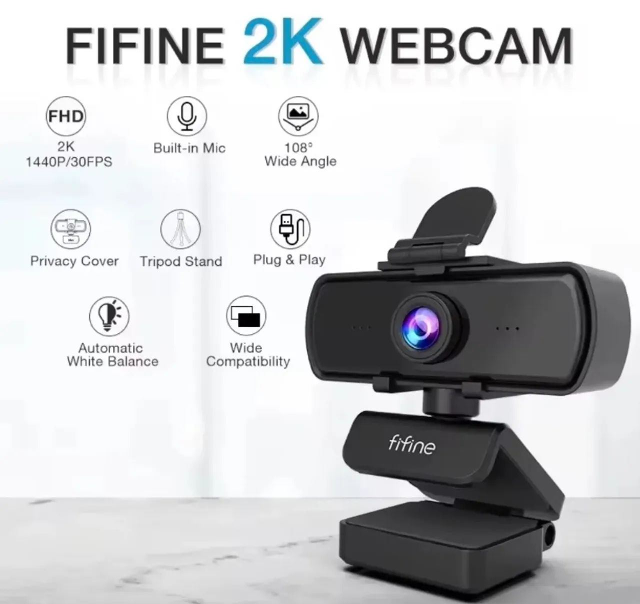 Webcam Fifine K420 2k 1440p C/ Tripe E Microfone Embutido Cor Preto