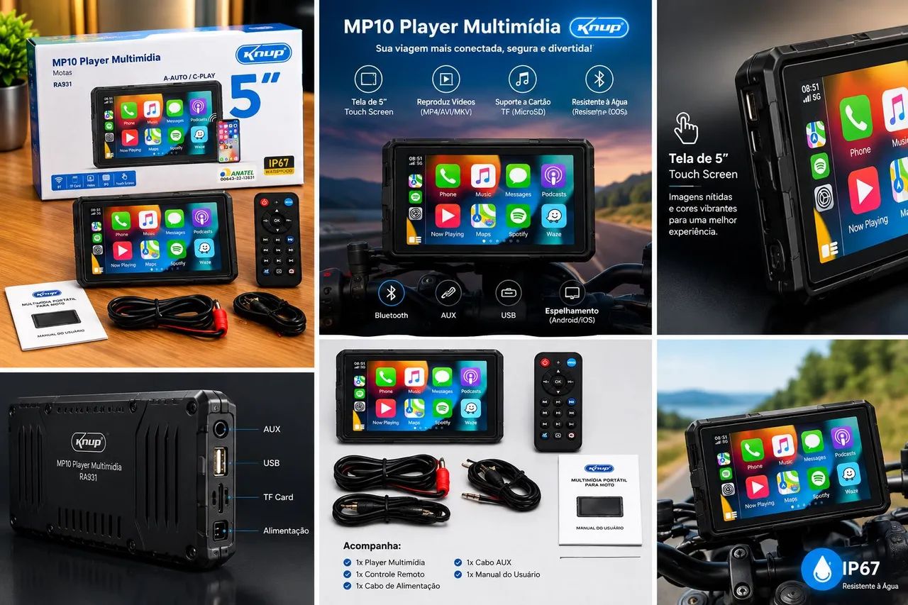 Central Multimídia Knup MP10 5" para Moto | CarPlay + Android Auto