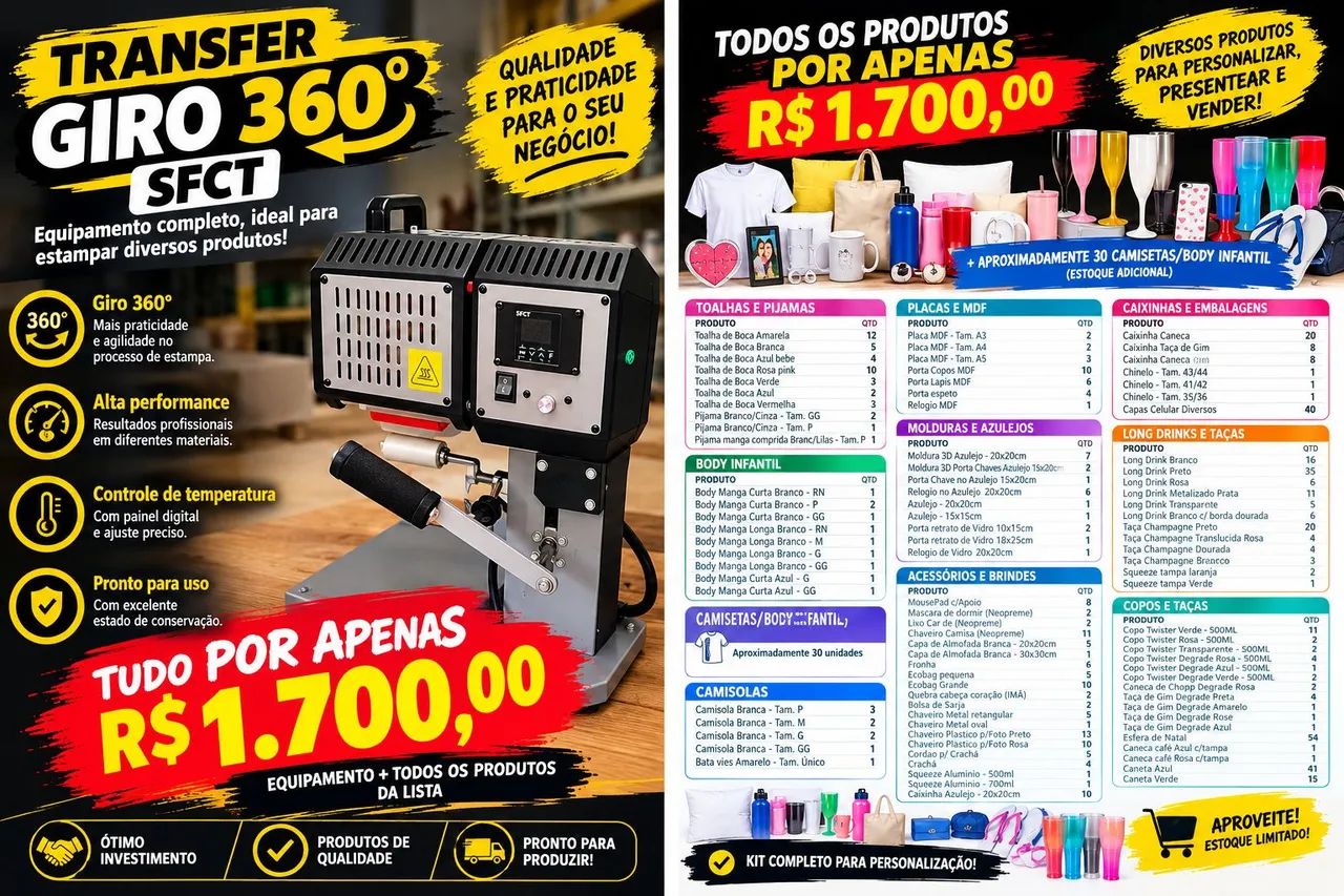 Máquina Transfer Giro 360 SFCT + Estoque para Sublimação