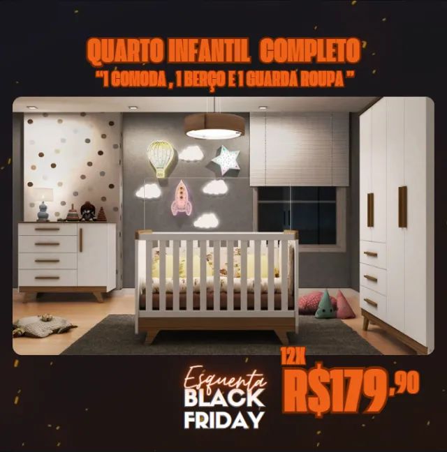 Quarto Infantil Completo com Cômoda, Berço e Guarda-Roupa