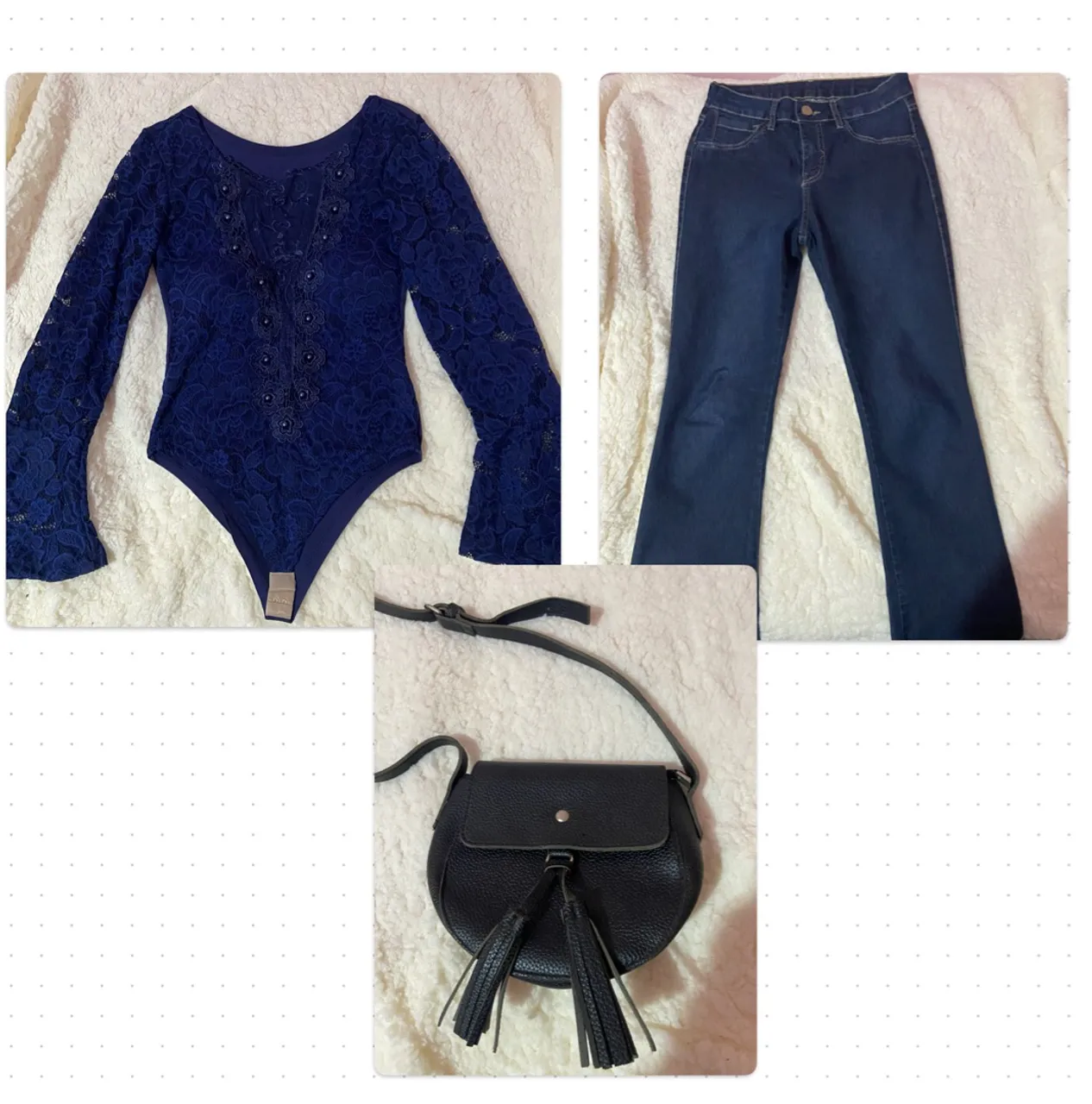 Body Azul Rendado + Calça Jeans + Bolsa Transversal