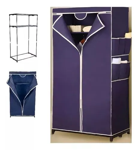 Guarda-Roupa Portátil Azul com Prateleiras e Cabideiro