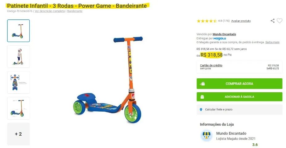 Patinete Infantil 3 Rodas Power Game Bandeirante - Usado em ótimas condições - Foto 2