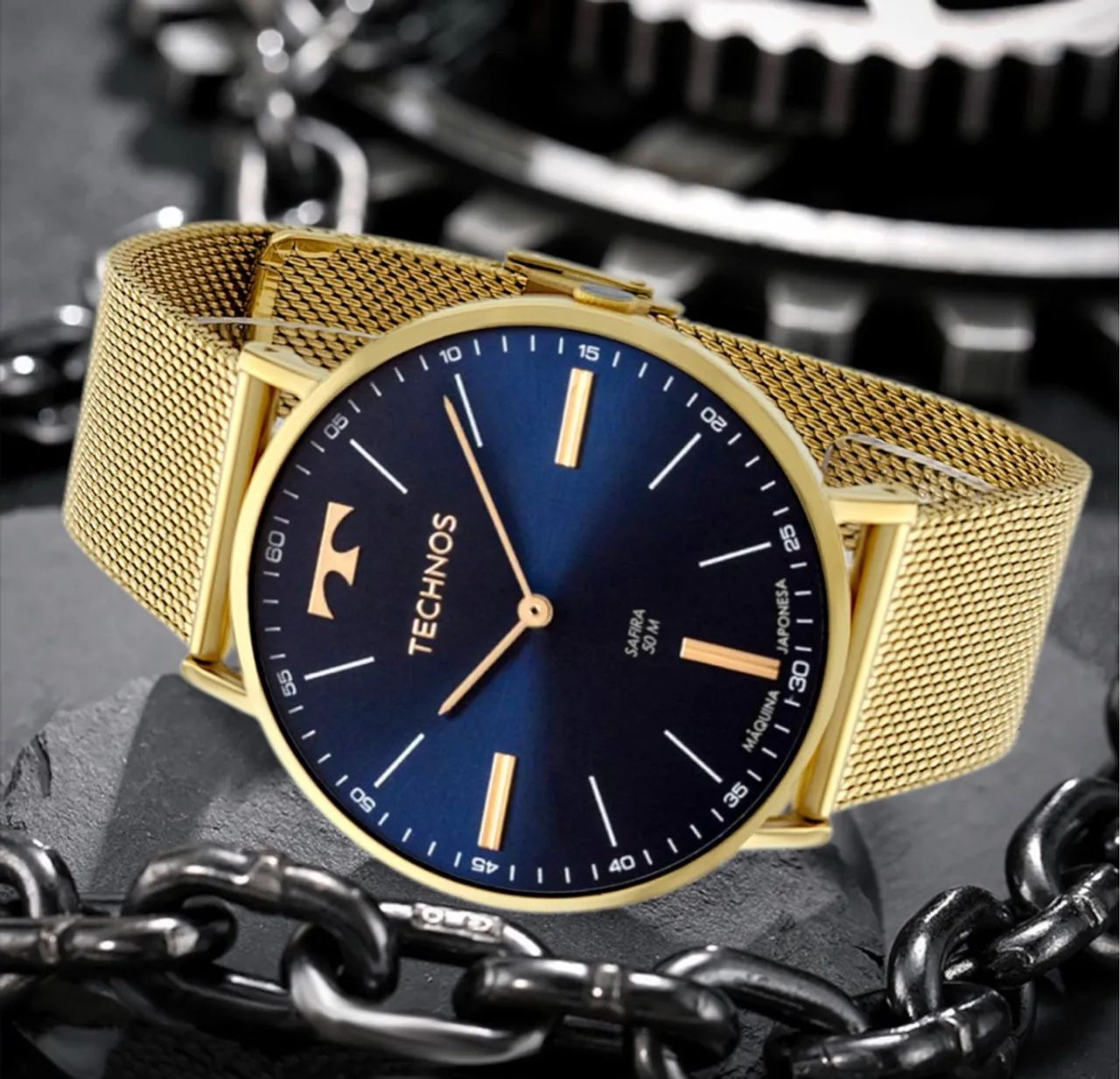 Relógio Technos Slim Safira Dourado com Mostrador Azul