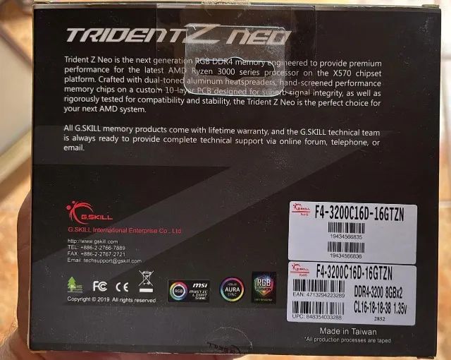 G.Skill Trident Neo RGB AMD 16GB (2x8GB) DDR4 Memory 3200MHz64374415247489123