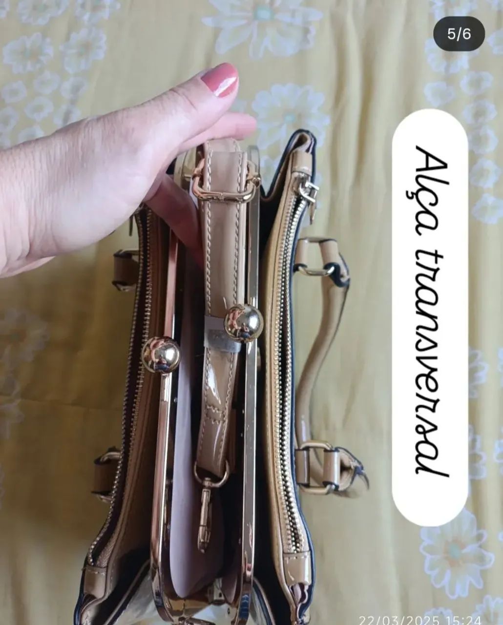Bolsa de mão elegante e transversal em Verniz bege - Foto 3