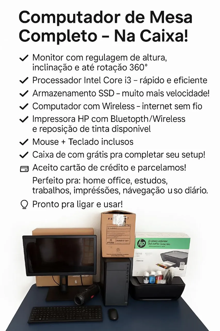 Computador de Mesa Completo - Intel Core i3 + Monitor + Impressora