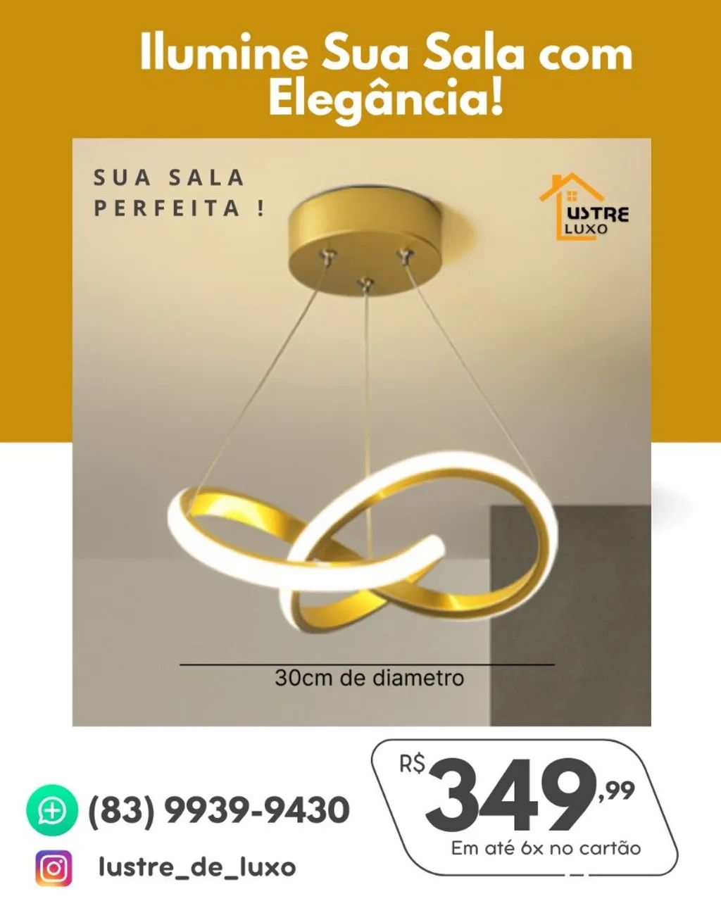 Lustre Moderno Dourado com LED para Sala