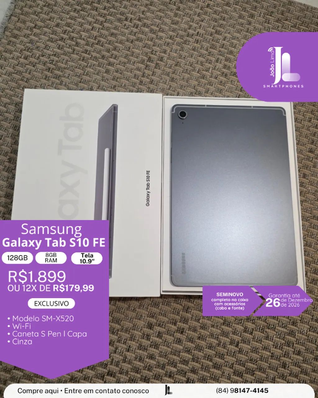 GALAXY TAB S10 FE, 128GB, 8GB RAM, TELA 10.9 POL. CINZA, SEMINOVO