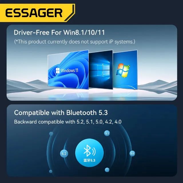 USB Bluetooth 5.3 Essager com receptor e transmissor de áudio auxiliar para PC - Foto 2