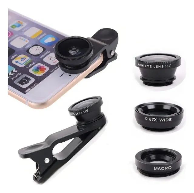 Kit Lente Para Celular Panorâmica 3 Em 1 Olho De Peixe - Macro - Grande Angular - Com Clip - Foto 2