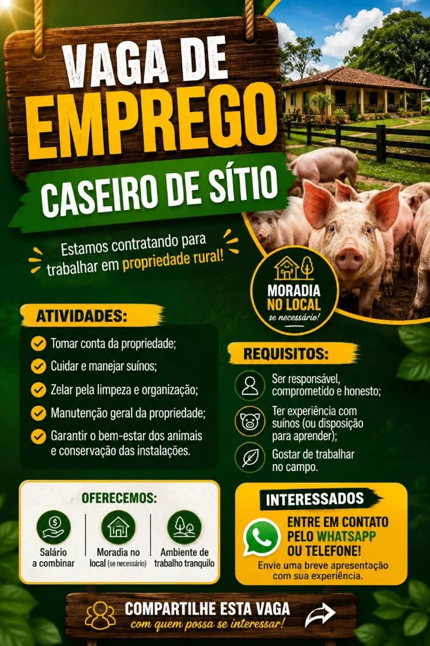 VAGA DE EMPREGO - CASEIRO DE SÍTIO<br>