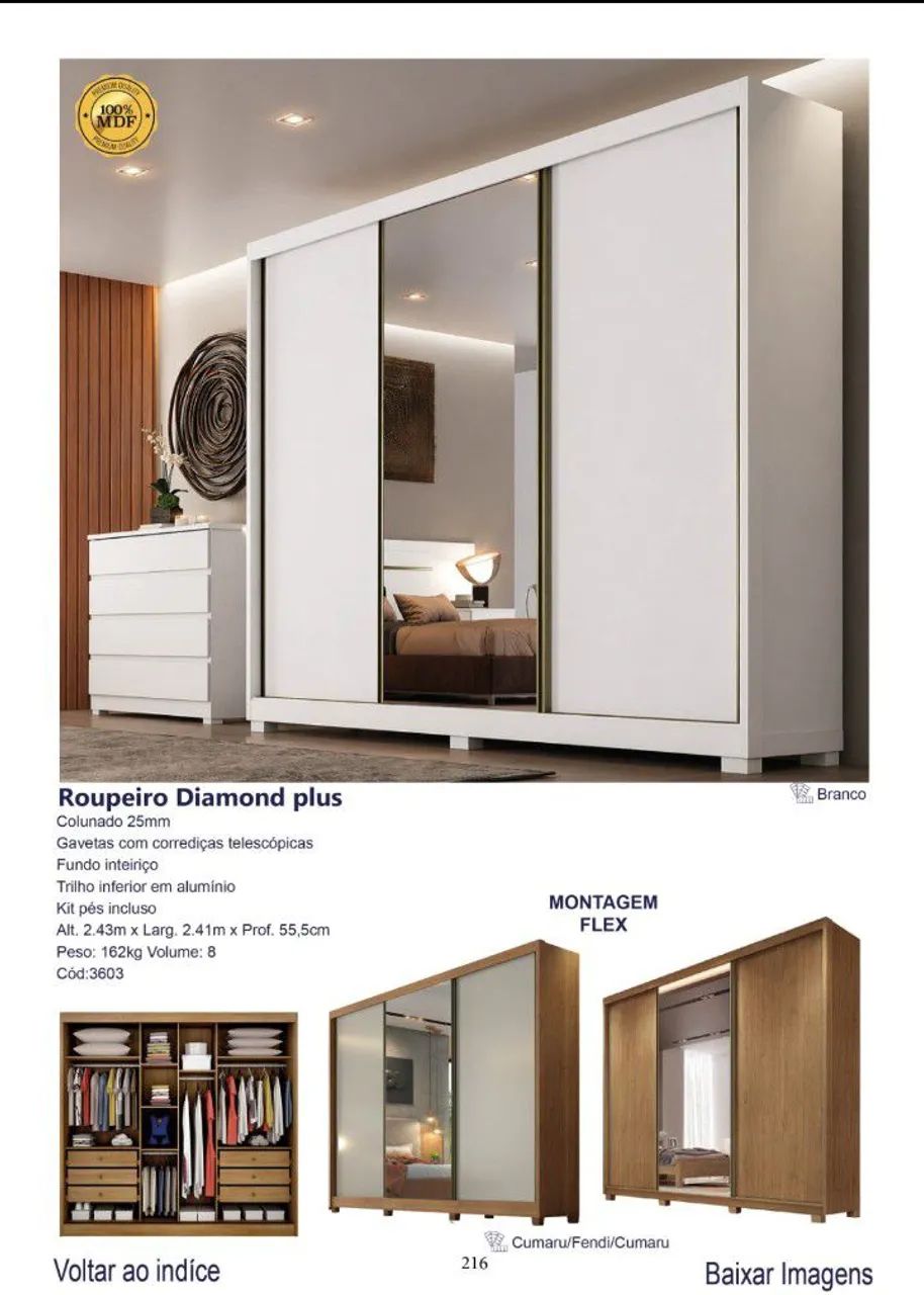 Guarda roupa de casal porta de correr com Espelho e 100% MDF 