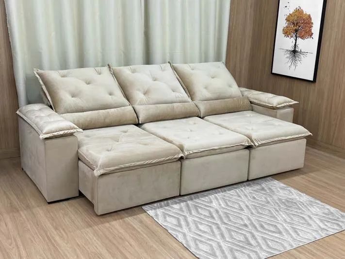 Sofá Retrátil Reclinável 2,70m Veludo Bege Premium a654 - Foto 2