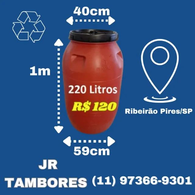 Tambor 220 litros bombona plástica para captação de água de telhado/calhas e usos gerais