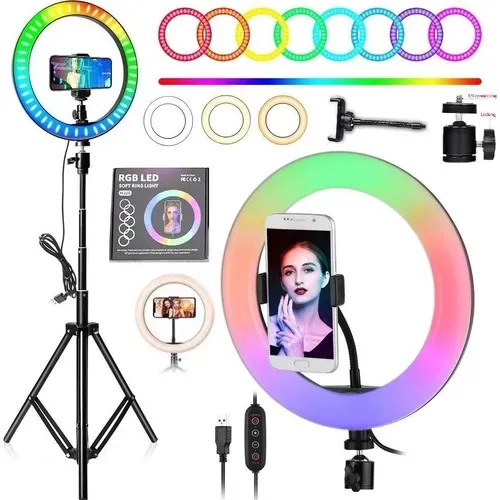 Ring Light Luz de Led RGB Colorido 10 Polegadas 26cm c/ Tripé Suporte Celular