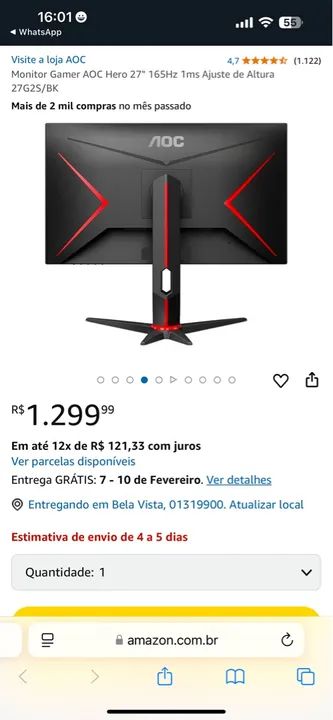 Monitor Gamer AOC Hero 27'' 165Hz 1ms - Novo