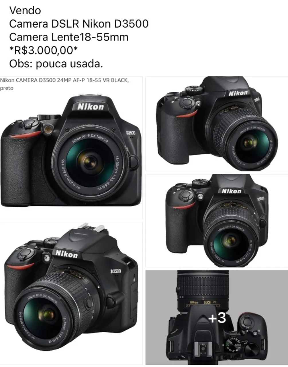 Vendo Camera DSLR Nikon D3500  Camera Lente18-55mm 