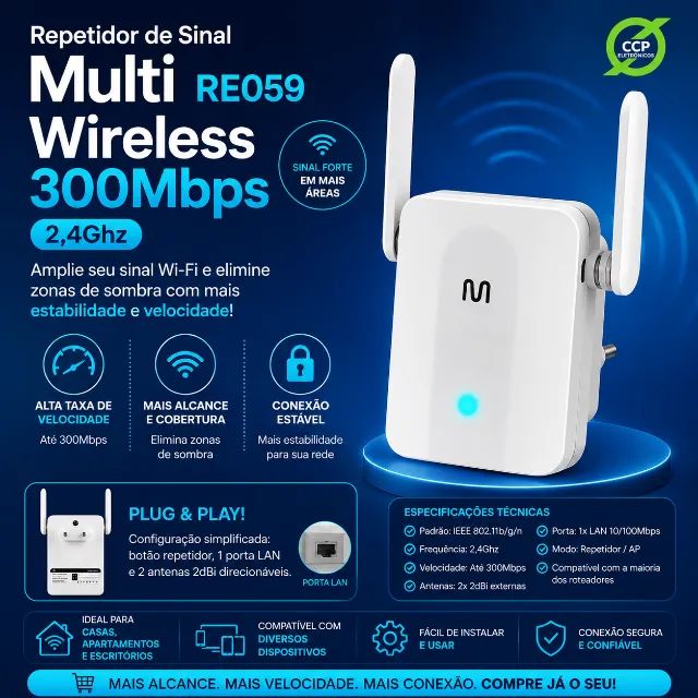 Repetidor de Sinal Multi RE059 Wireless 300Mbps 2,4Ghz