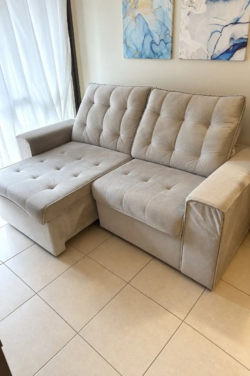 Sofá retrátil e reclinável 2 lugares veludo bege - 2,05 m