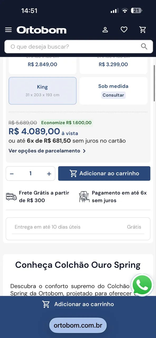 Colchão king ortobom ouro spring oportunidade  - Foto 3