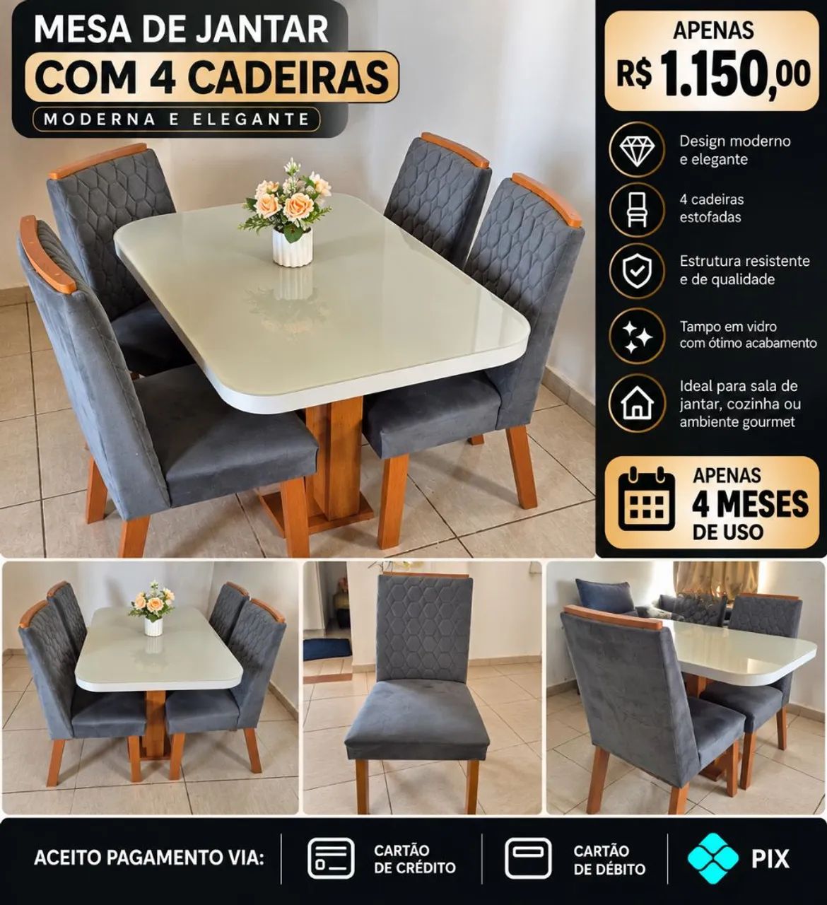  OPORTUNIDADE! MESA DE JANTAR COM 4 CADEIRAS POR R$ 1.150!