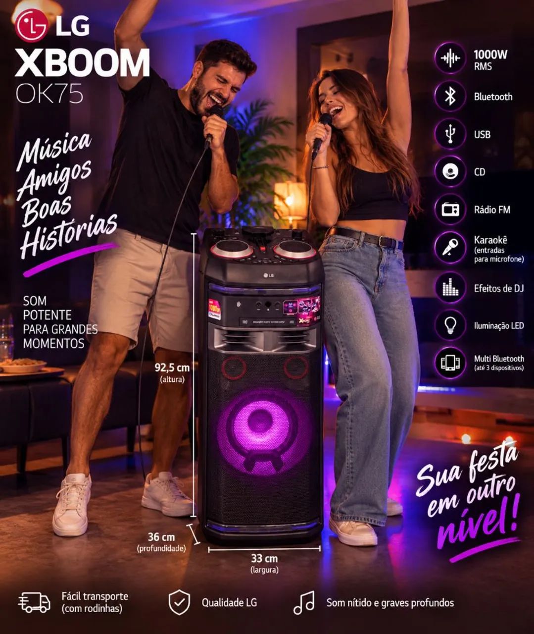 LG XBOOM OK75 1000W Bluetooth + Karaokê