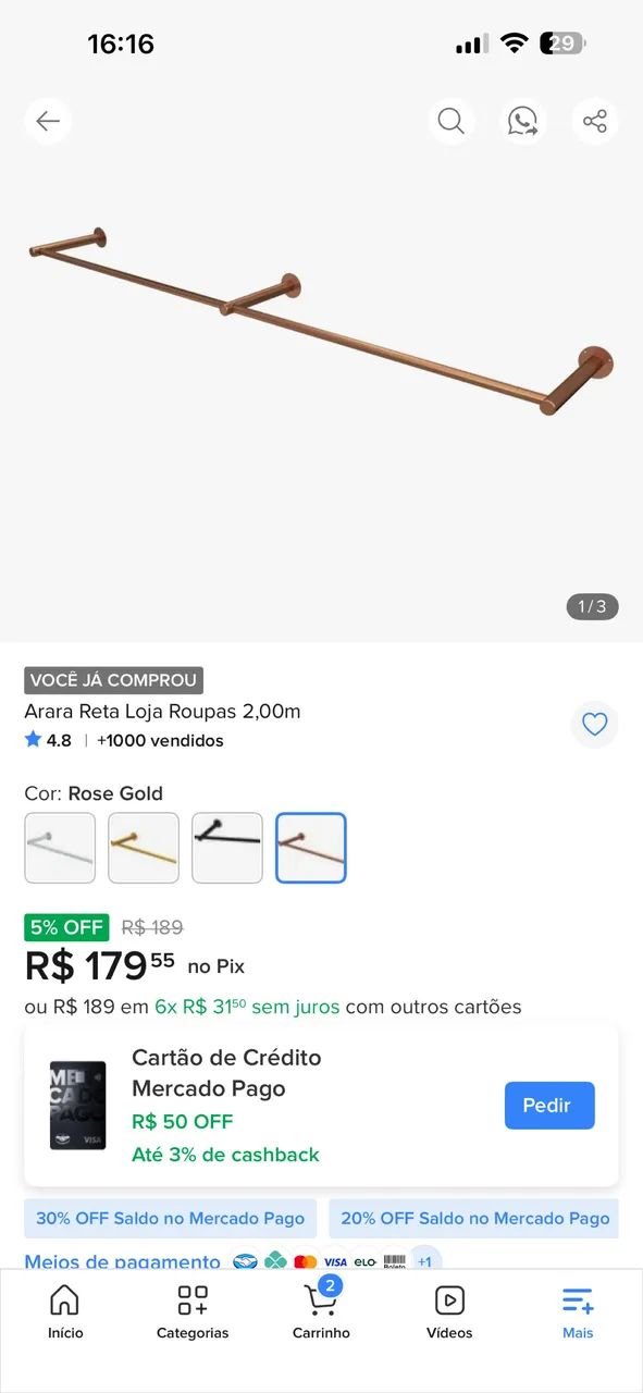Arara de roupa Rose Gold 2,00 m - Foto 2