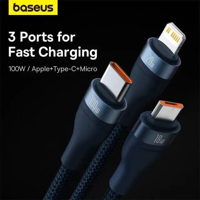Cabo Carregador Baseus Flash Triplo 100w Usb E Micro Para iPhone, Xiaomi Macbook iPad Pro - Foto 4