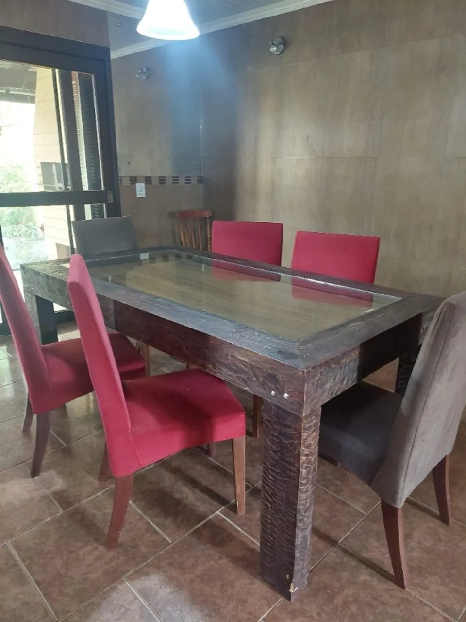 Mesa de Jantar Madeira Maciça + Vidro, com 6 Cadeiras