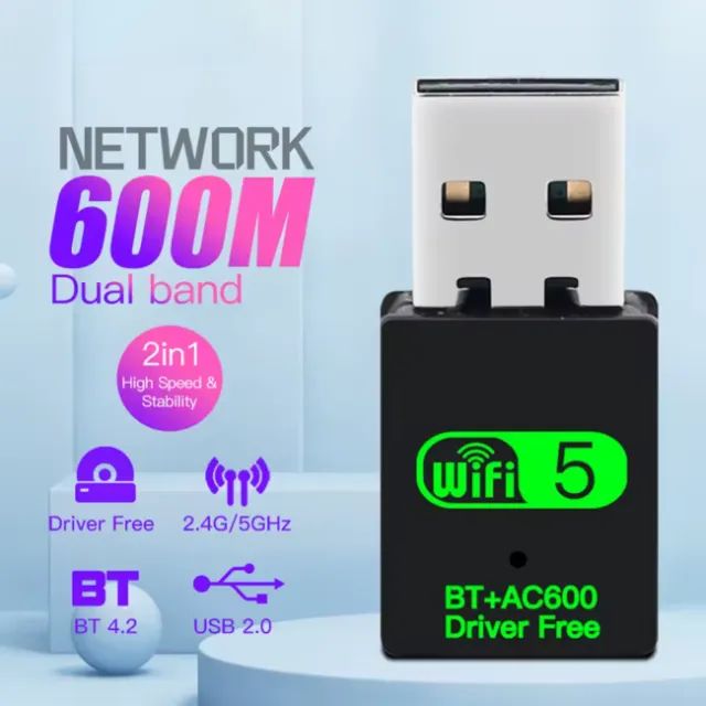 Adaptador USB WiFi Dual Band AC600 + Bluetooth 4.2 600Mbps Mini Wireless