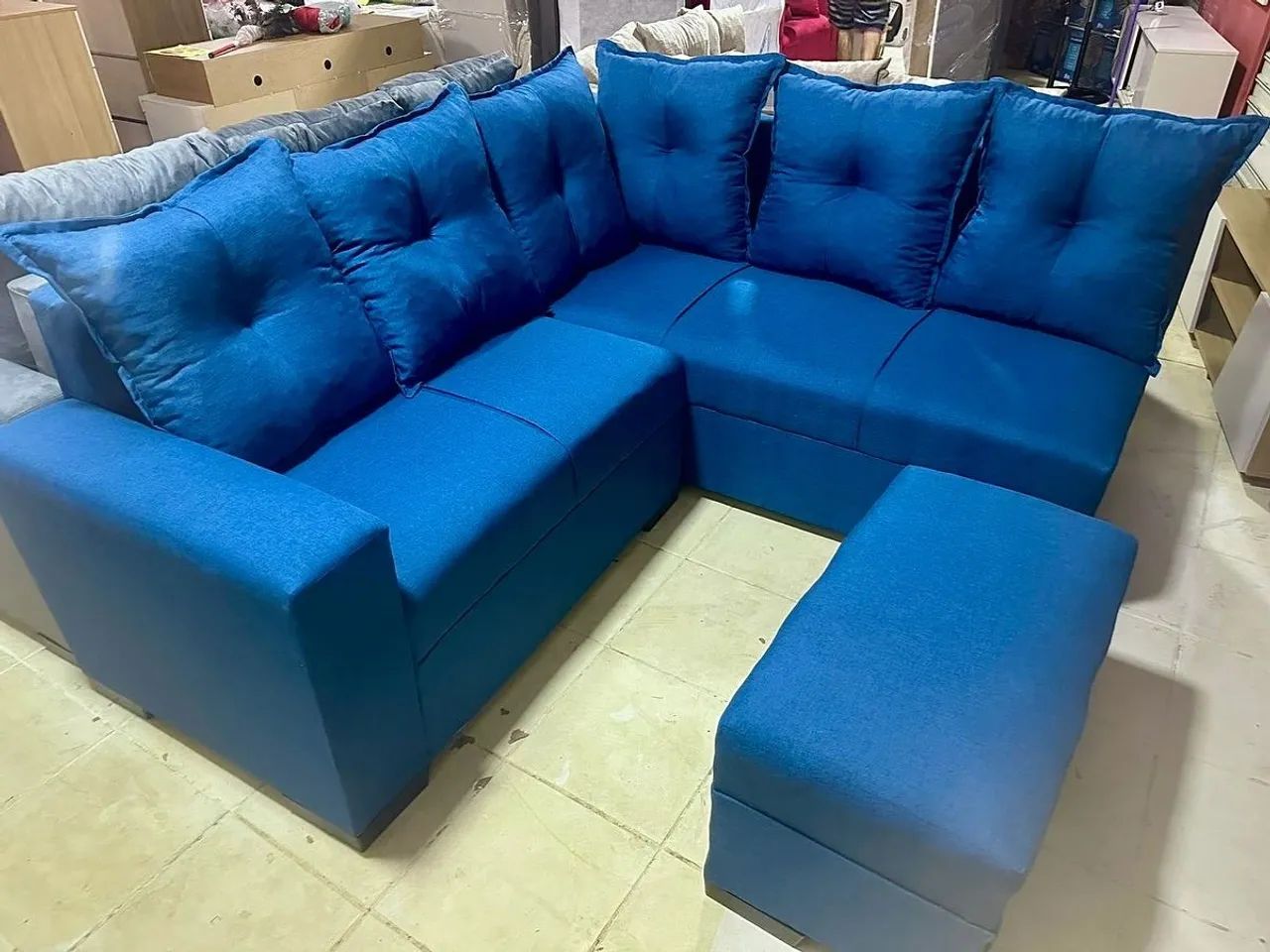 Sofá Retrátil Azul 3 Lugares + Puff
