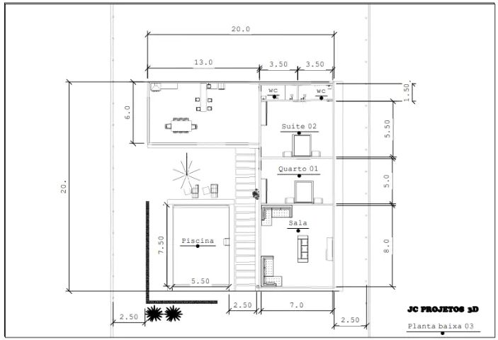 Planta baixa 3D Residencial e Comercial