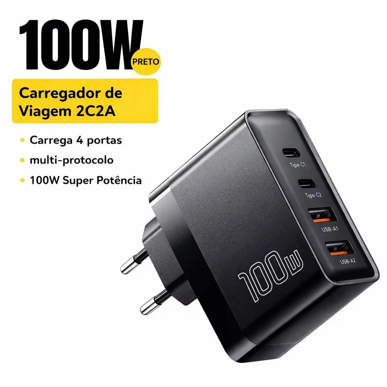 Carregador Rápido Essager 100W 2C2A 4 Portas USB-C e USB Tipo-C Turbo
