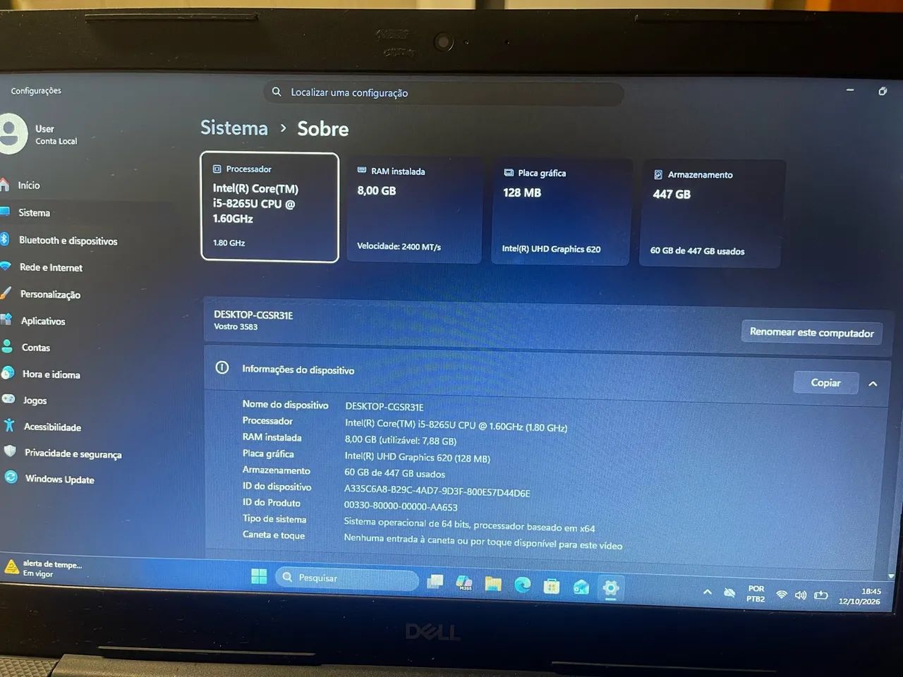 Título: Notebook Dell Vostro 3583 Core i5, 8GB RAM e SSD