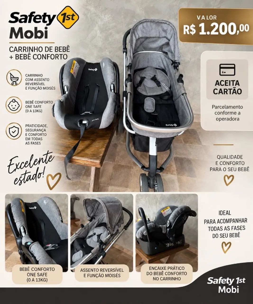 Carrinho bebê 3 em 1 Mobi Trio Safety