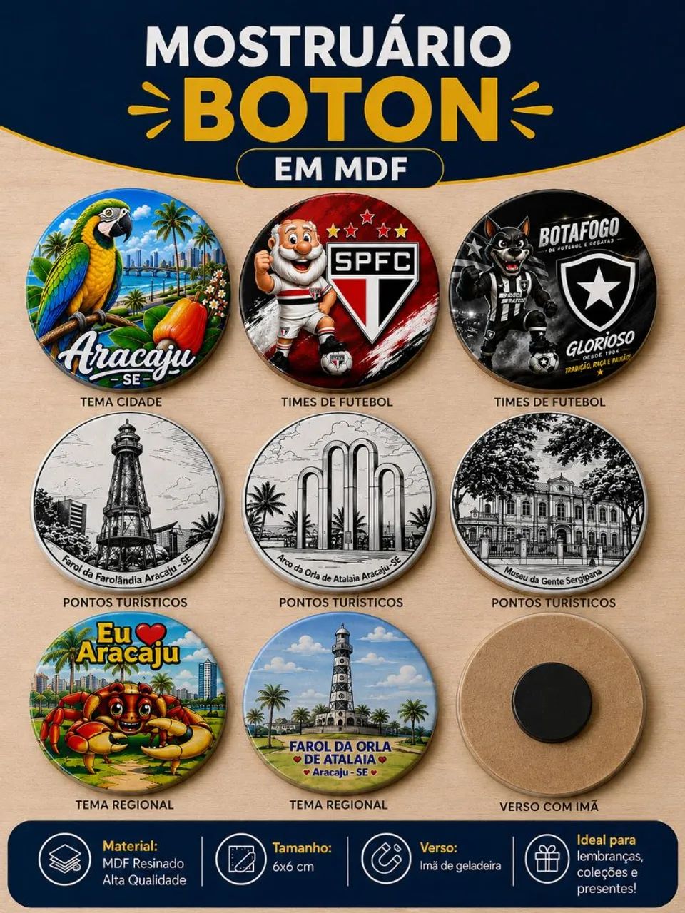 Boton 6 X6 cm em MDF para geladeira 