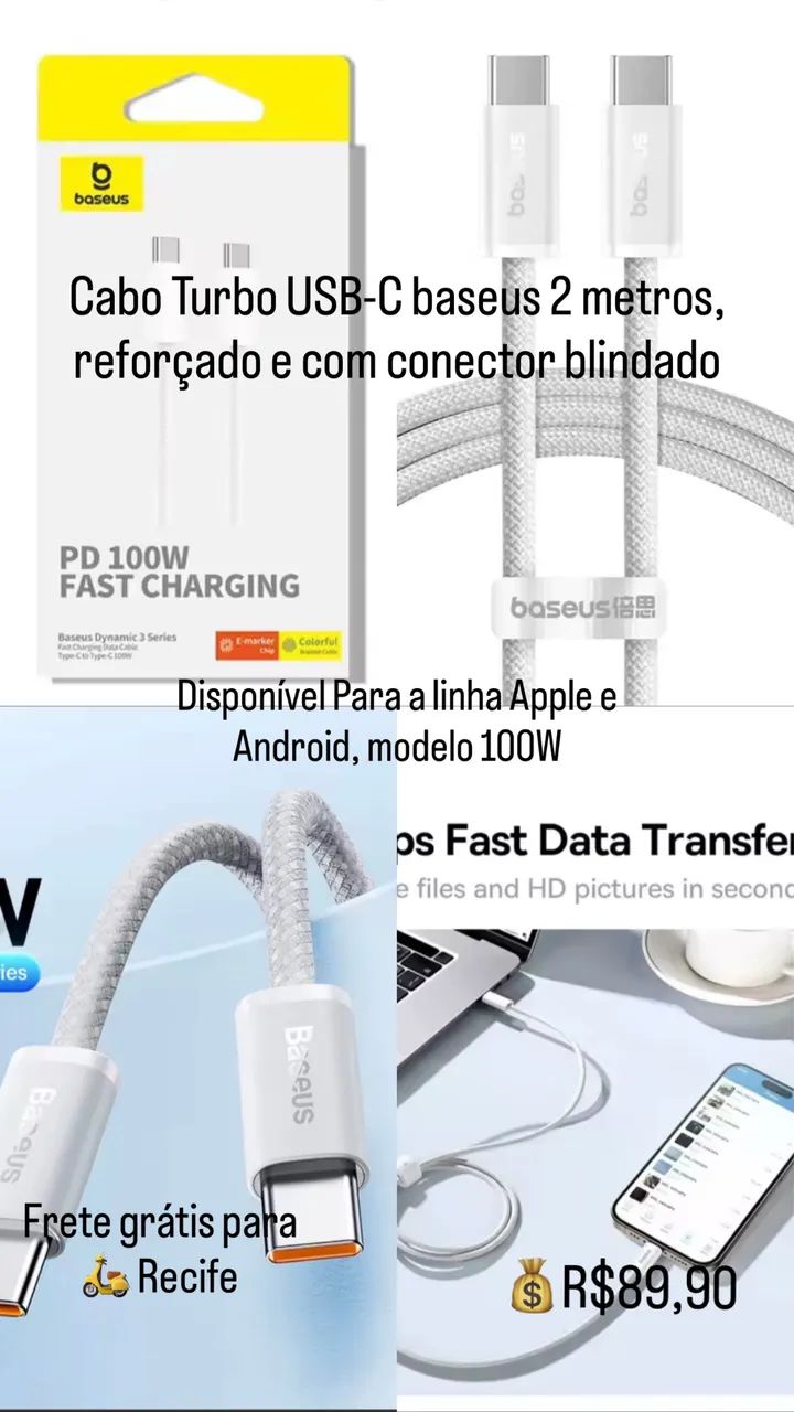 Cabo baseus para iPhone 15 16 17 pro max reforçado 2 metros 
