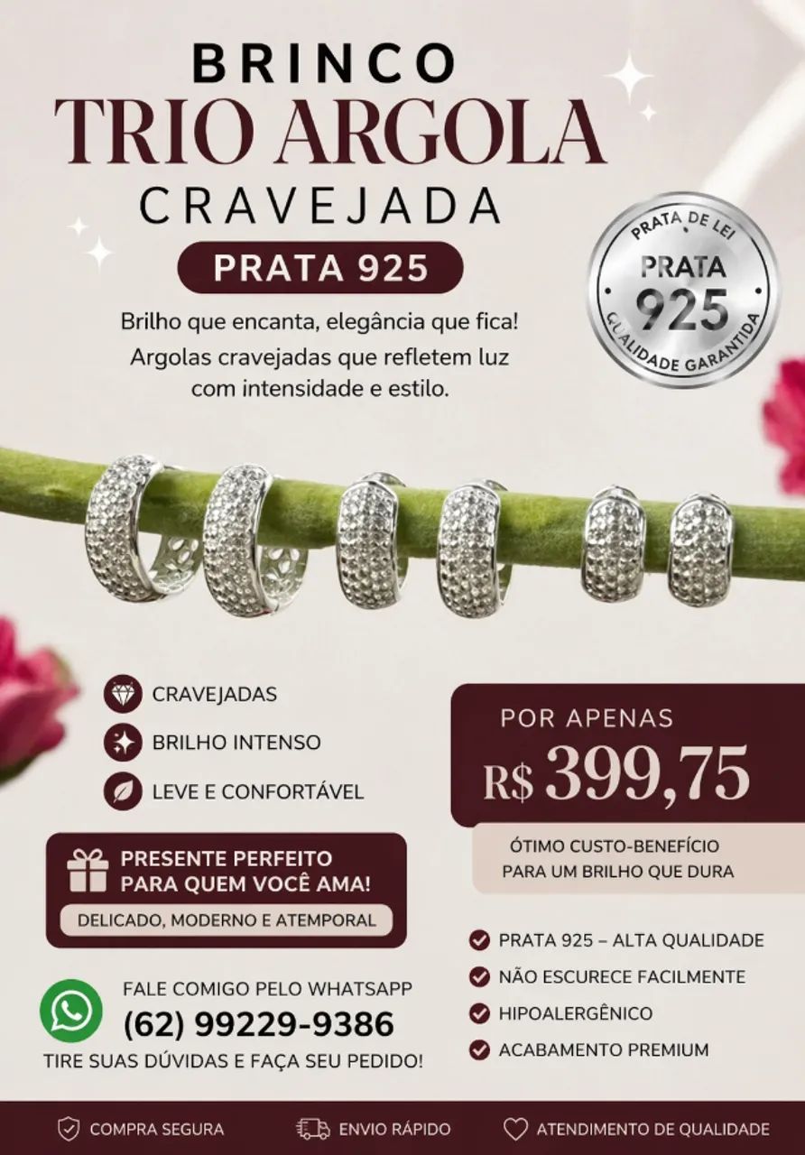 Brinco Trio Argola Cravejada em Prata 925
